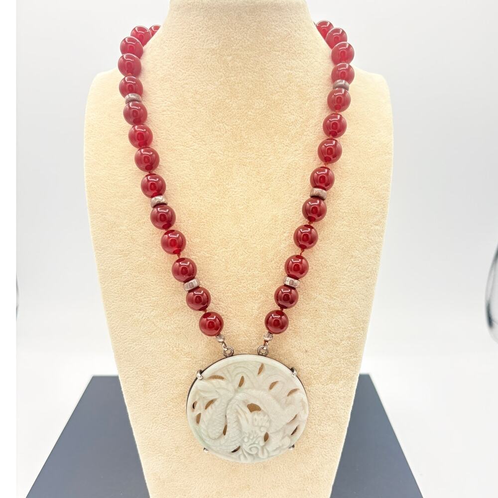 Sterling Silver White Jadeite Pendant and Carnelian Agate Bead Necklace